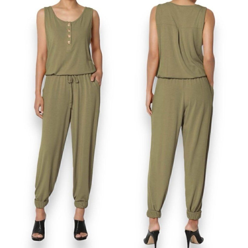 Sleeveless Button Up Scoop Neck Tapered Leg Knit Jogger Jumpsuit - Picture 2 of 11